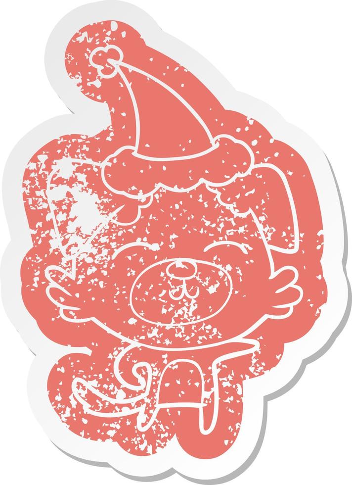 cartoon distressed sticker of a dog pointing wearing santa hat vector