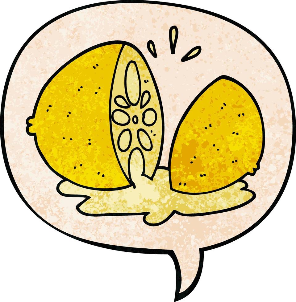 cartoon cut lemon and speech bubble in retro texture style vector