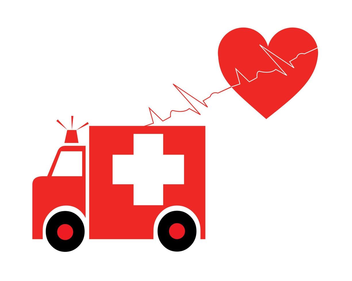 ambulancia sobre fondo blanco con corazón y cardiograma sobre fondo blanco vector