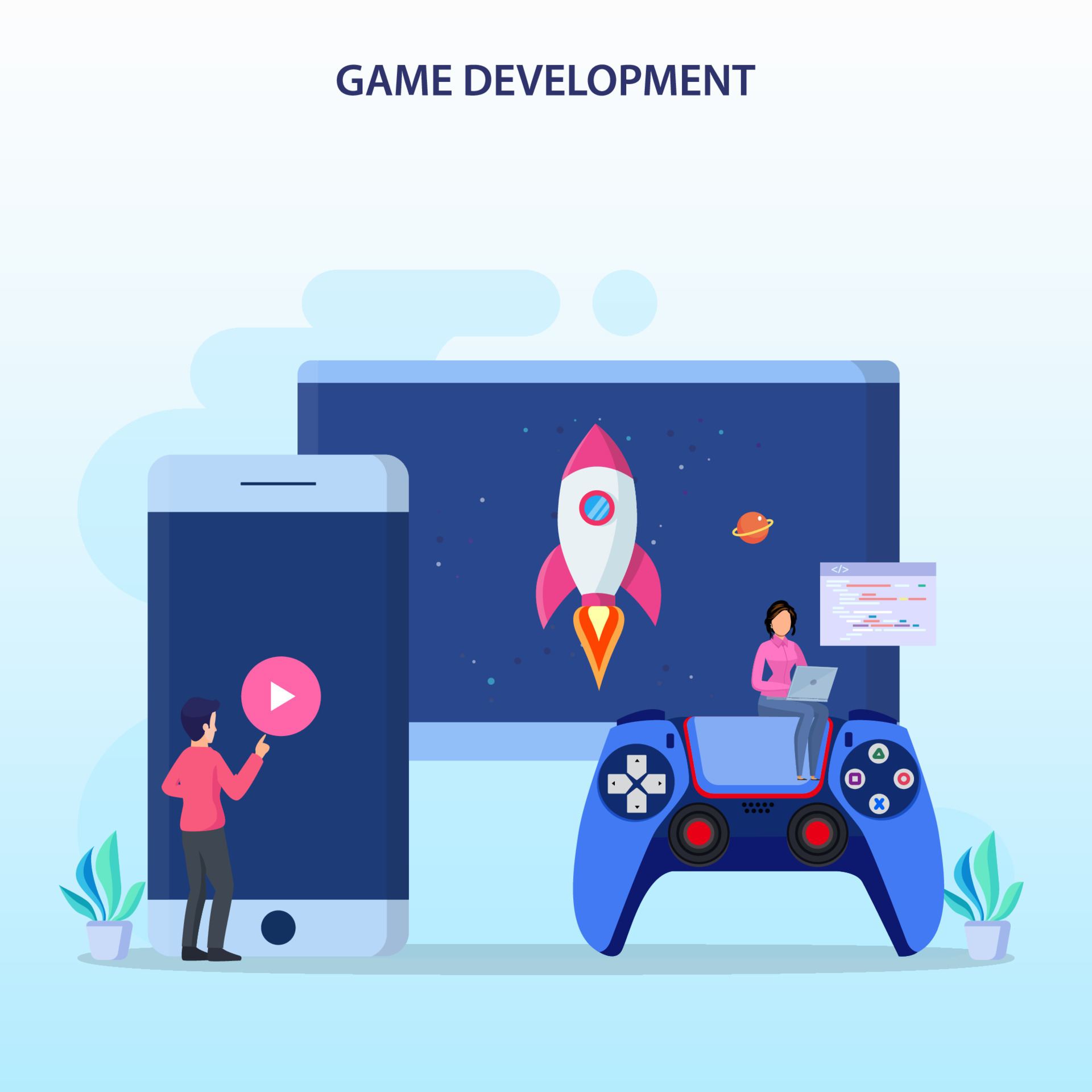 Game development concept. Game design digital technology, programming