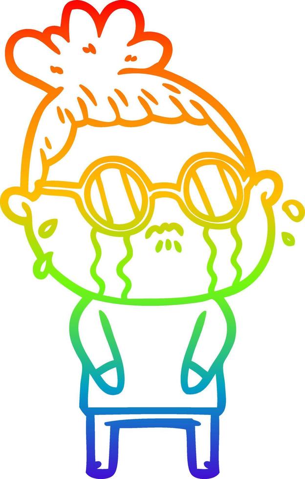 rainbow gradient line drawing cartoon crying woman wearing spectacles vector