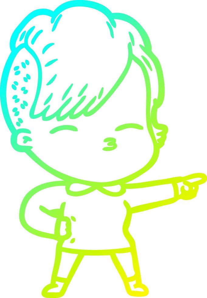 cold gradient line drawing cartoon squinting girl vector