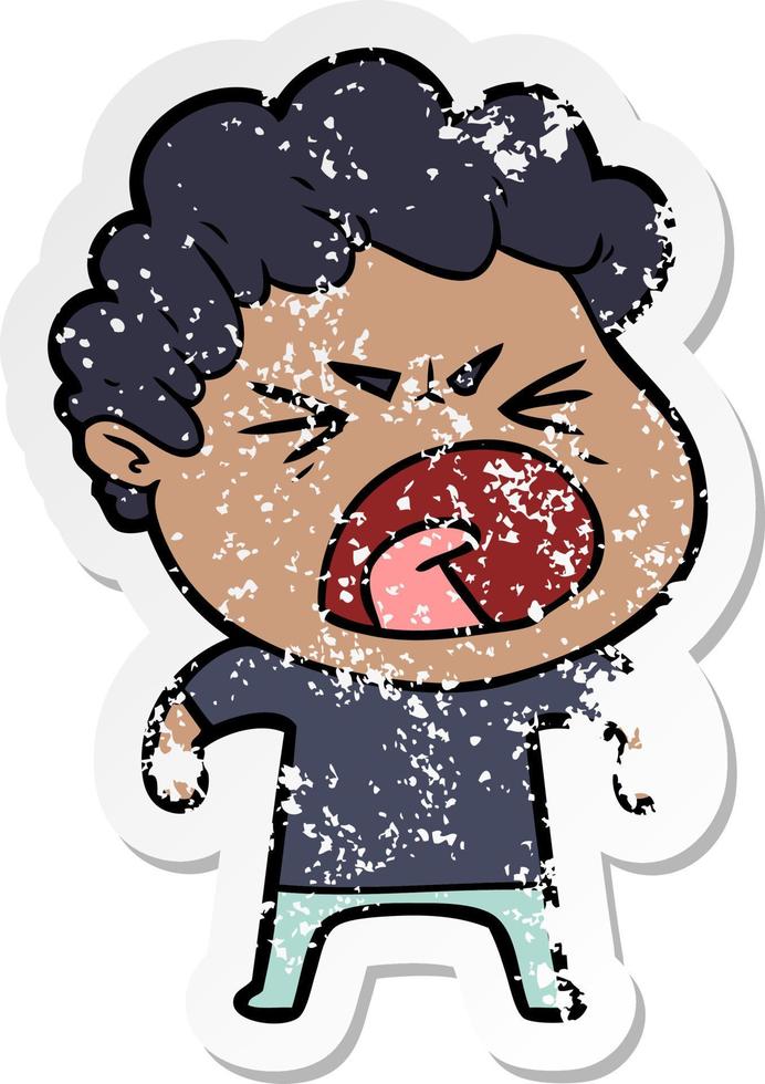 distressed sticker of a cartoon furious man vector