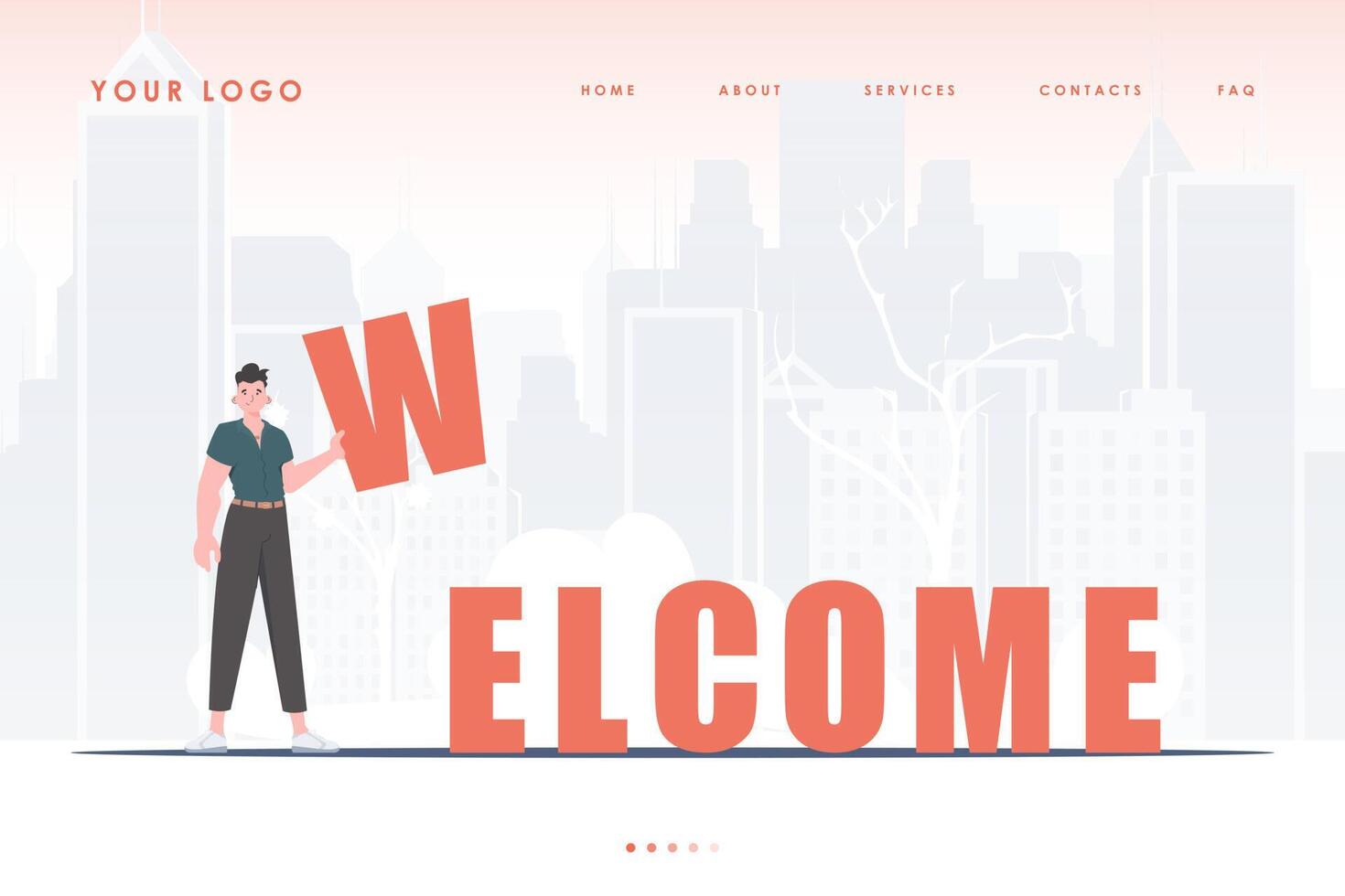 Welcome landing page. A man stands and holds the letter W in his hands. The home page of the site. trendy style. illustration. vector