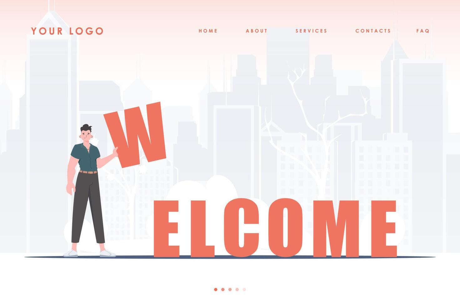 Welcome landing page. A man stands and holds the letter W in his hands. The home page of the site. trendy style. Vector illustration.