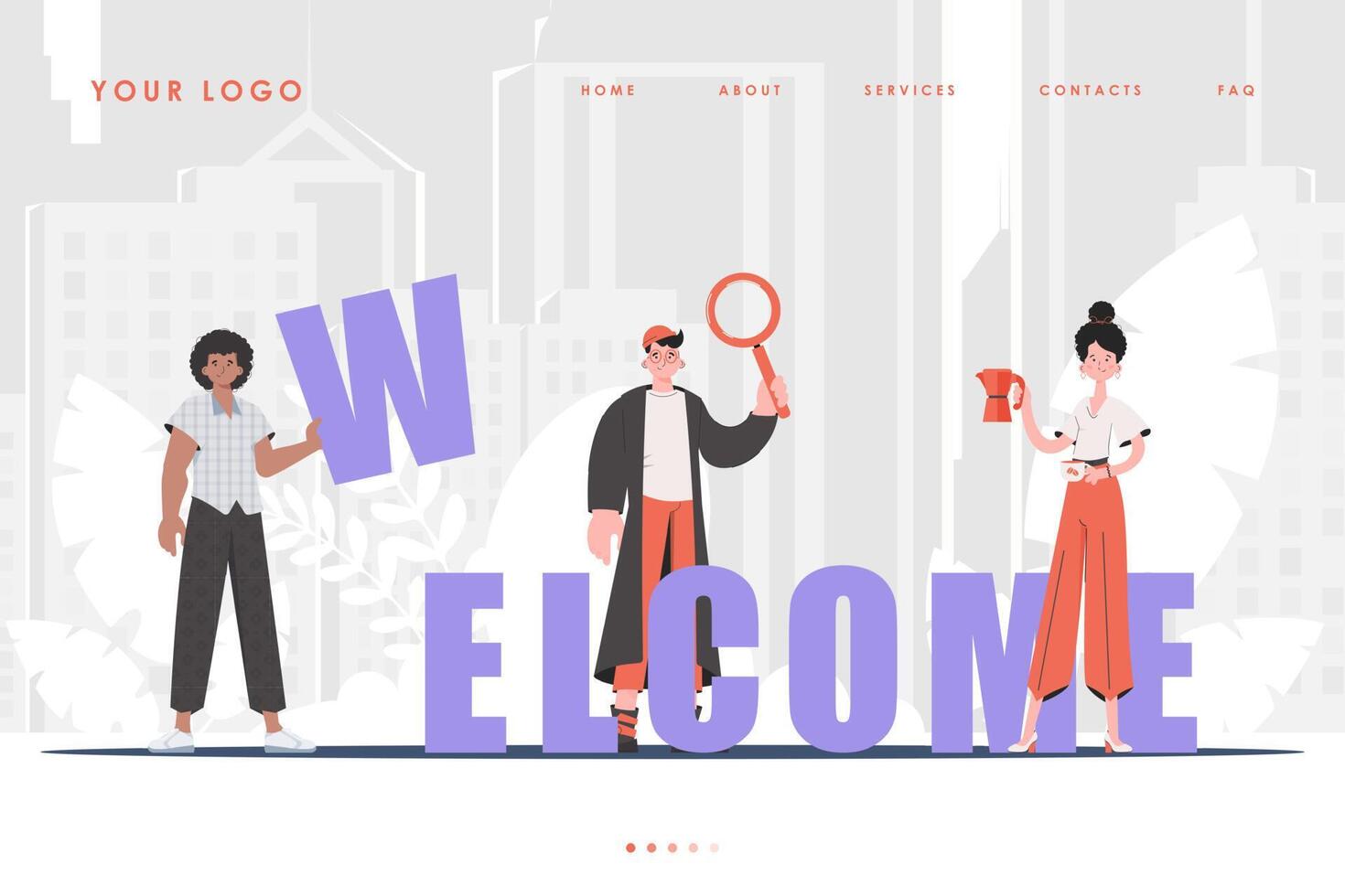 Welcome Landing Page Diverse Team of People Home page for your website. Trendy cartoon character. Vector. vector