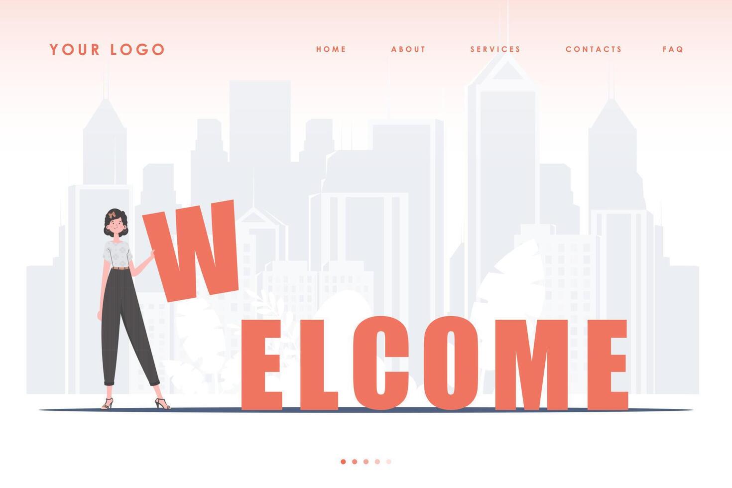 Welcome landing page. The girl stands and holds the letter W in her hands. The start page of the site. Trend style character. Vector illustration.