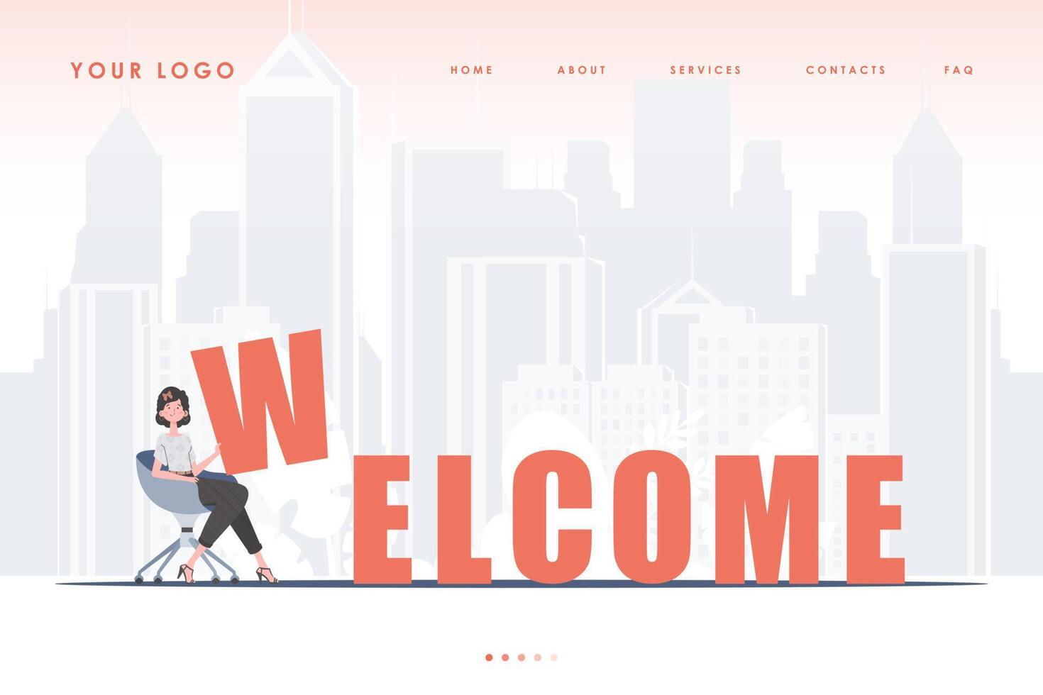 Welcome landing page. The girl sits and holds the letter W in her hands. The start page of the site. Cartoon style character. Vector illustration.