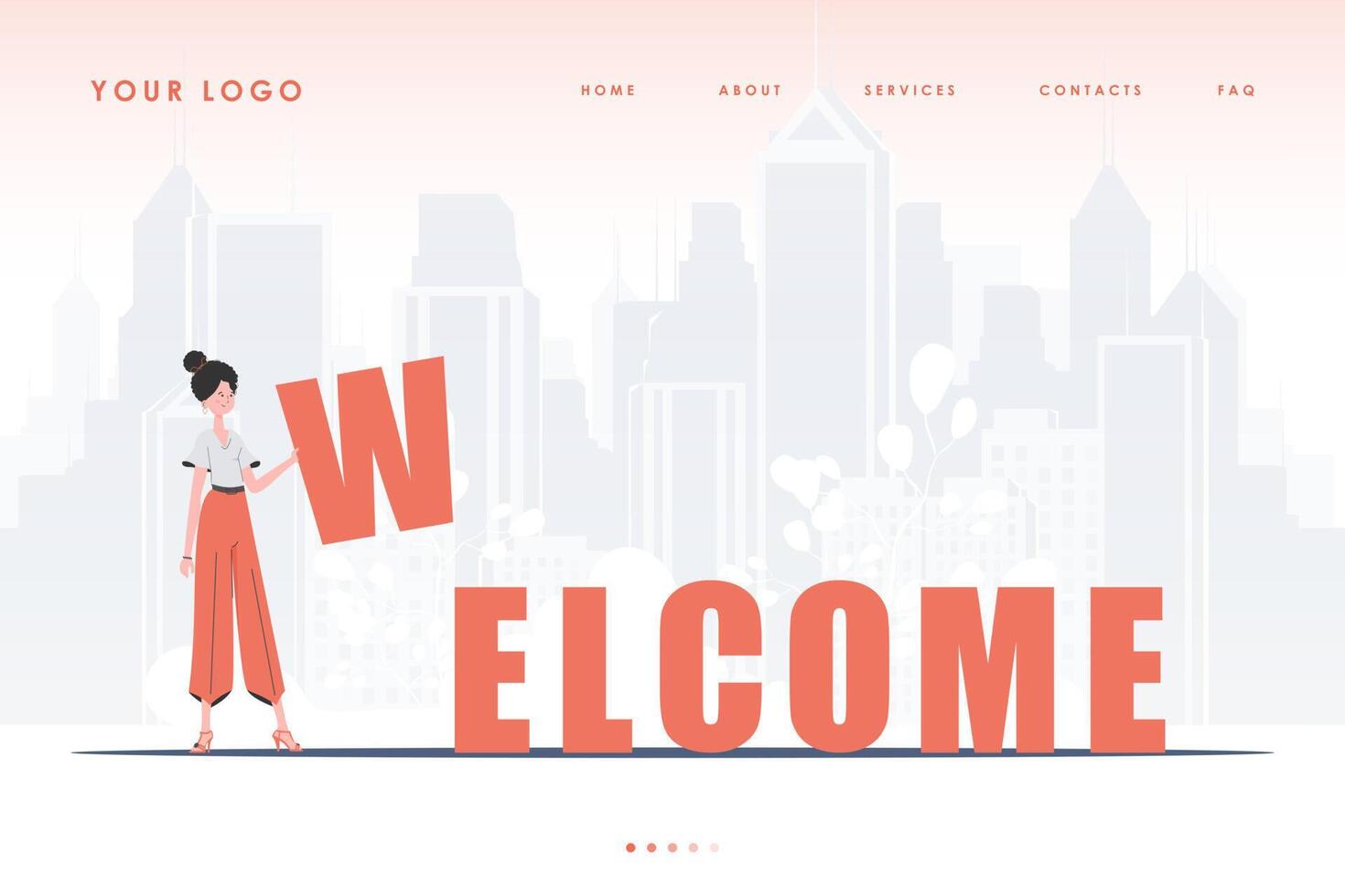 Welcome landing page. The girl stands and holds the letter W in her hands. The start page of the site. Trendy flat style. Vector illustration.