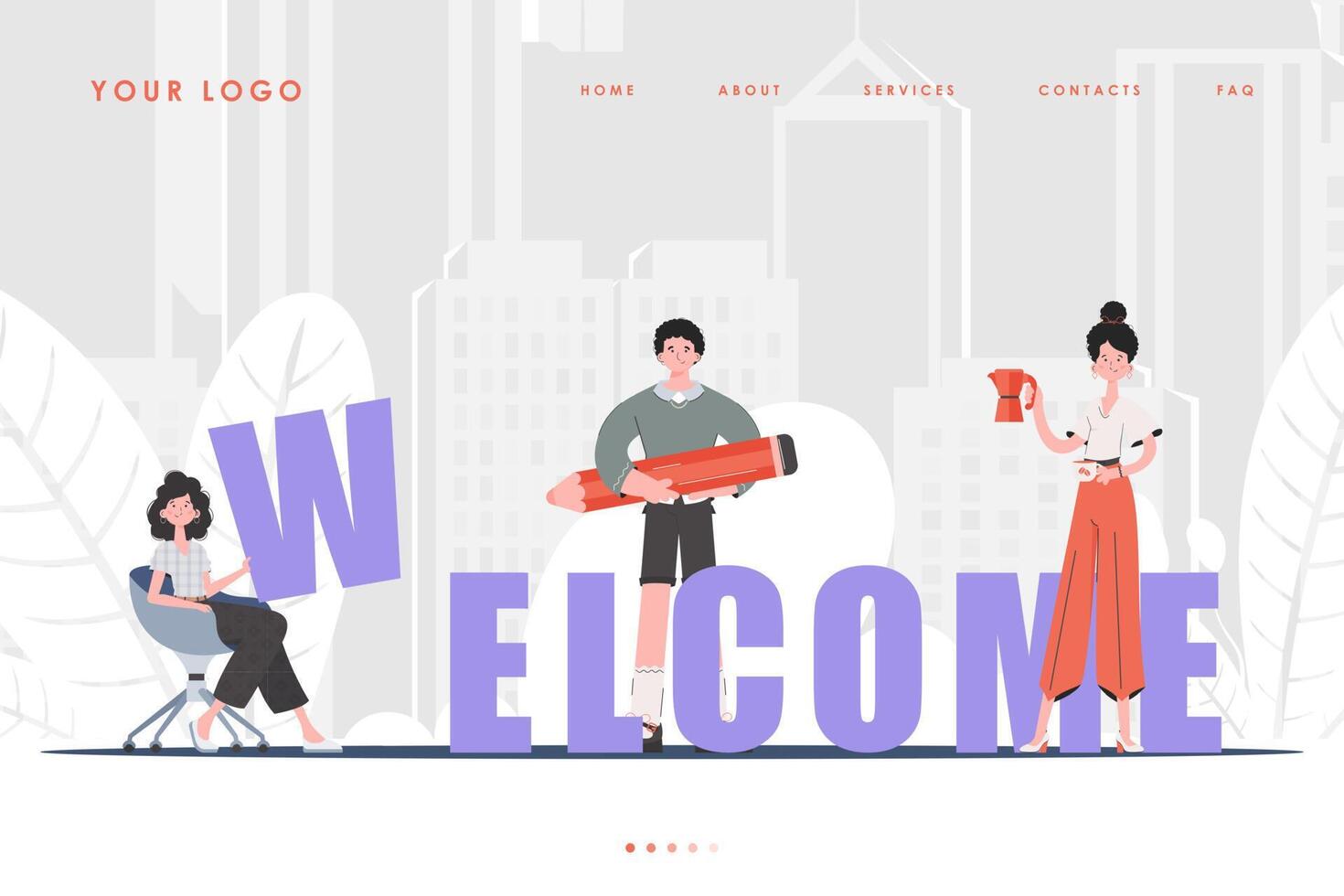 Welcome Landing Page Diverse Team of People Home page for your website. Trendy cartoon character. Previous illustration. vector