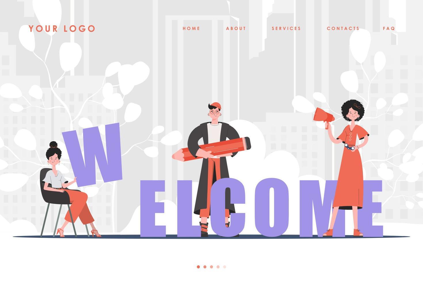 página de inicio de bienvenida equipo diverso de personas página de inicio para el sitio web. estilo de personaje de dibujos animados. vector. vector
