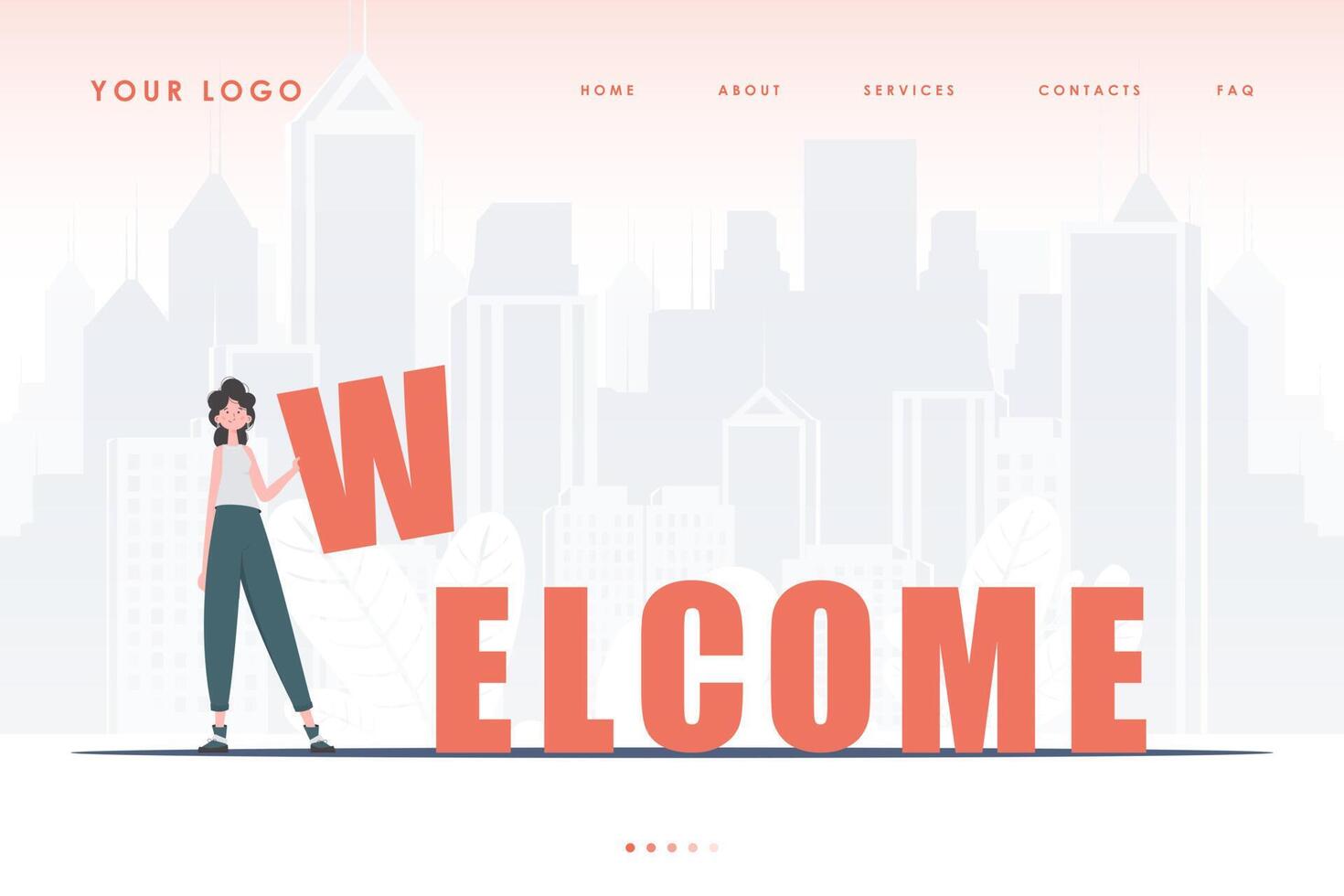 Welcome landing page. The girl stands and holds the letter W in her hands. The initial page for the site. Cartoon style character. Vector illustration.