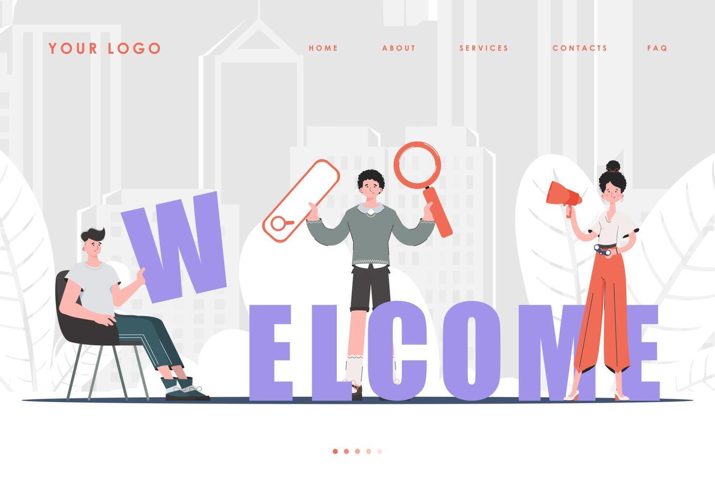 Welcome Landing Page Diverse Team of People Website Start Page. Trendy flat style. Previous illustration. vector