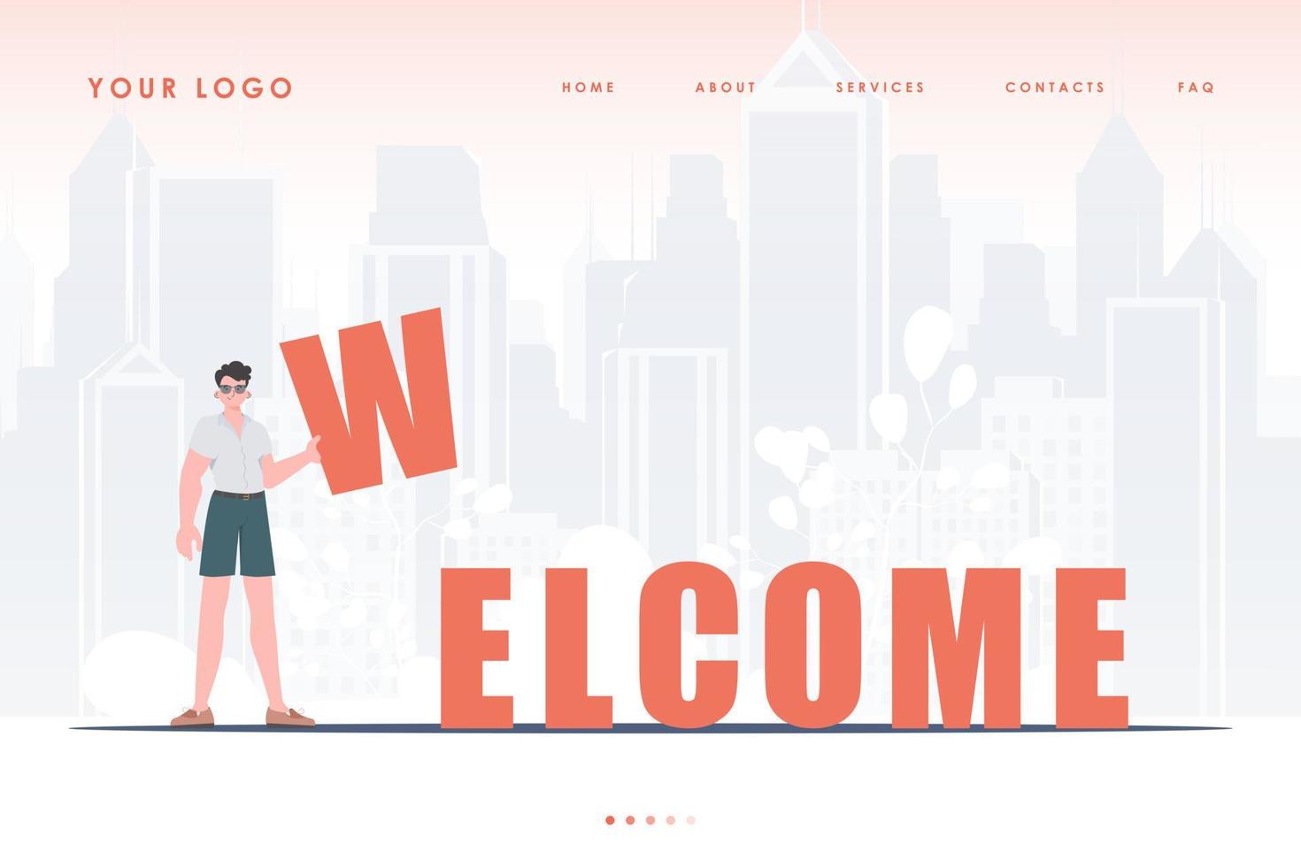 Welcome landing page. A man stands and holds the letter W in his hands. The home page of the site. Trendy flat style. Vector illustration.