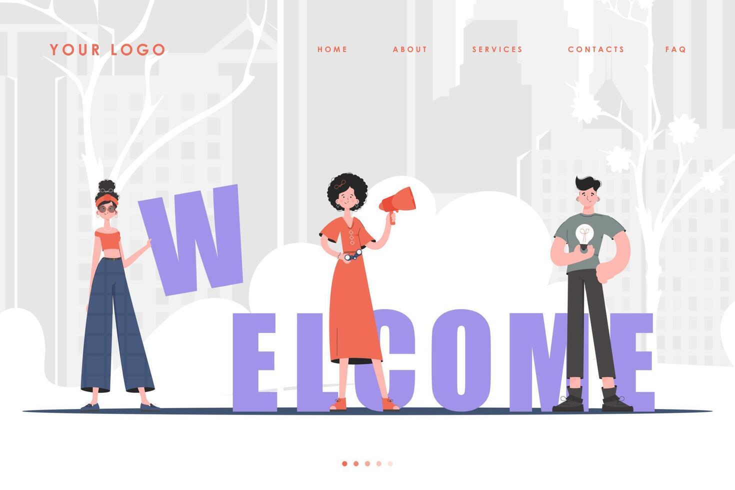 Welcome Landing Page Diverse Team of People Website Start Page. trendy style. Previous illustration. vector