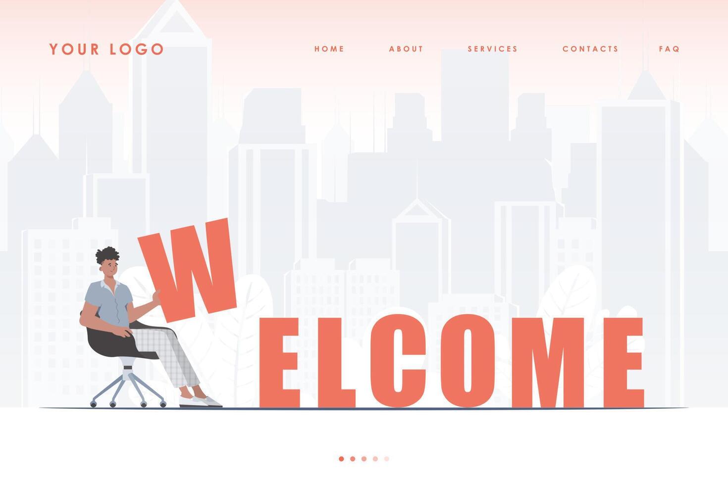 Welcome landing page. A man sits and holds the letter W in his hands. The start page of the site. trendy style. illustration. vector