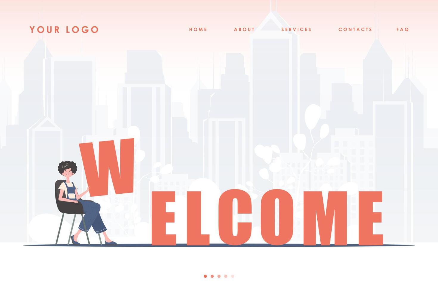 Welcome landing page. The girl sits and holds the letter W in her hands. The initial page for the site. trendy style. Vector illustration.