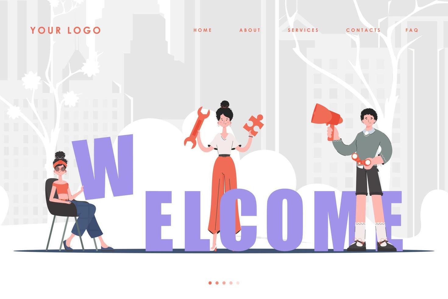 Welcome Landing Page Diverse Team of People Website Start Page. Trendy cartoon character. Previous illustration. vector