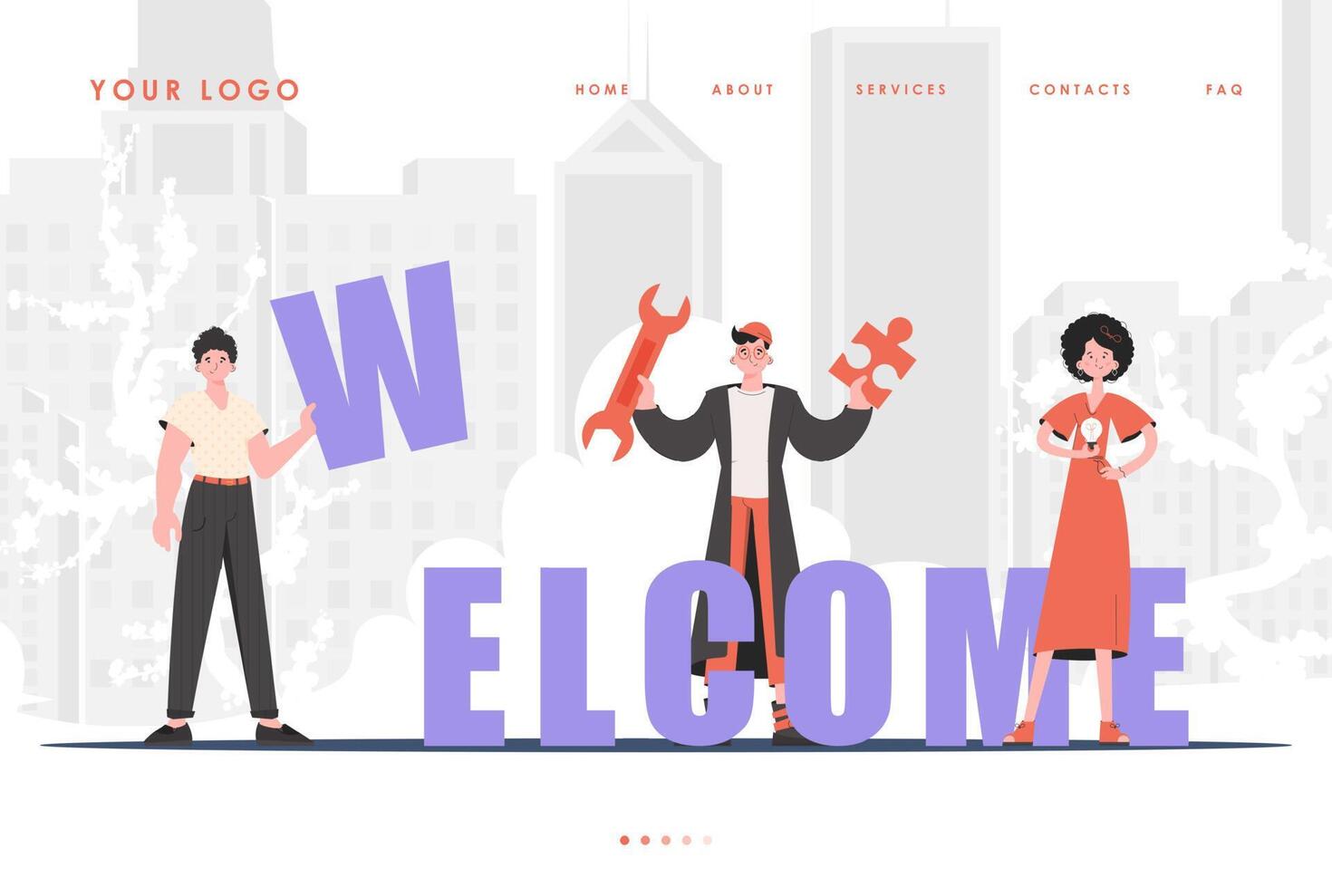 Welcome Landing Page Diverse Team of People Home page for website. Trendy cartoon character. Previous illustration. vector