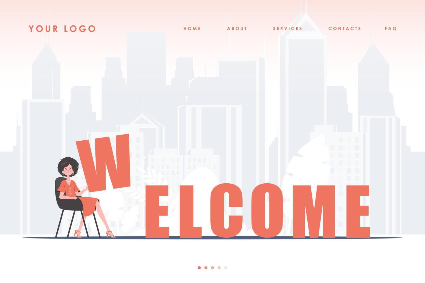 Welcome landing page. The girl sits and holds the letter W in her hands. The initial page for the site. Trend style character. Vector illustration.
