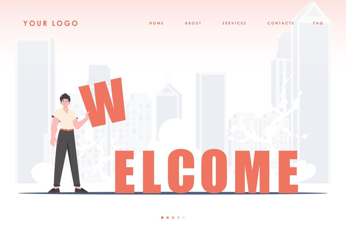 Welcome landing page. A man stands and holds the letter W in his hands. The home page of the site. Trendy cartoon character. Vector illustration.