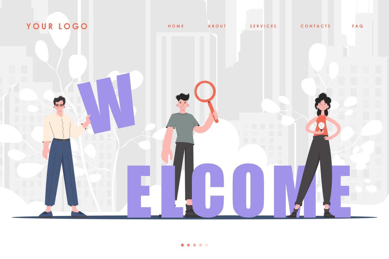 Welcome Landing Page Diverse Team of People Home page for website. Trendy character style. Previous illustration. vector