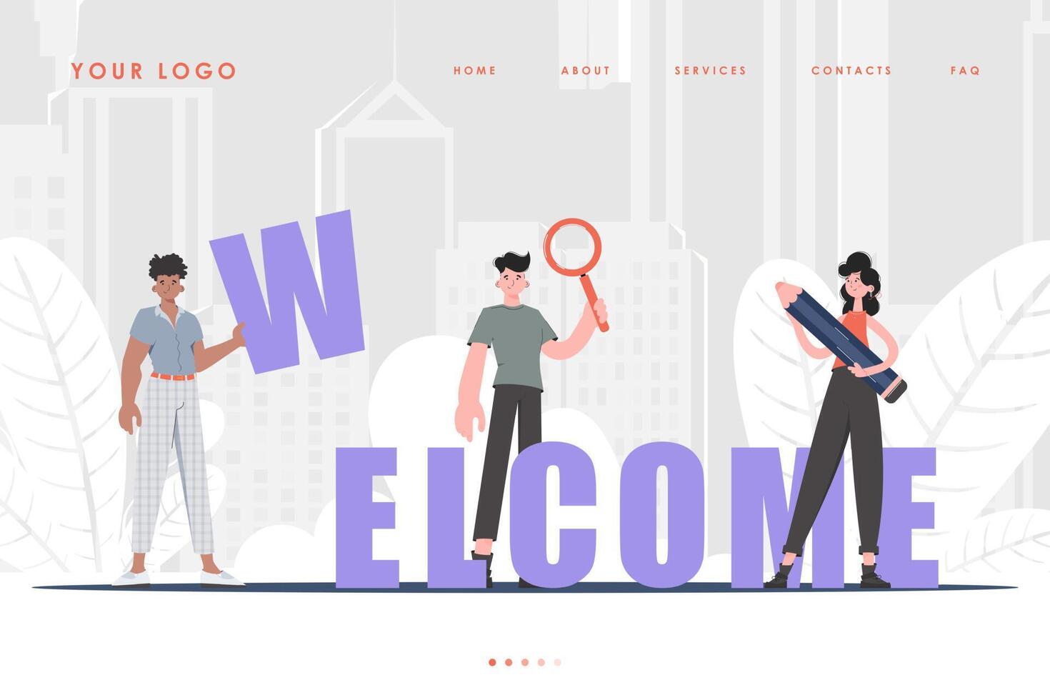 Welcome Landing Page Diverse Team of People Website Start Page. trendy style. . vector