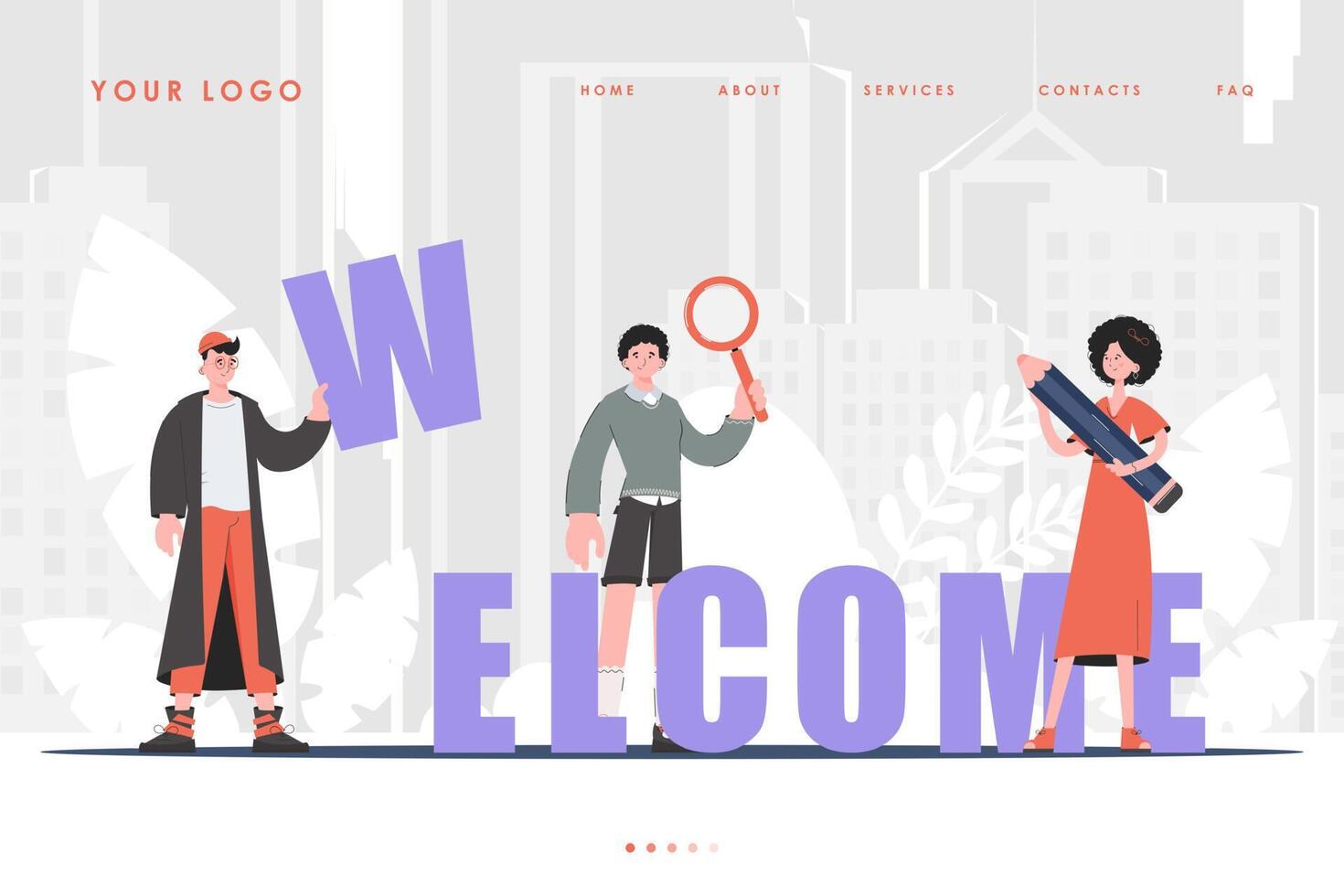 Welcome Landing Page Diverse Team of People Website Start Page. trendy style. Previous illustration. vector