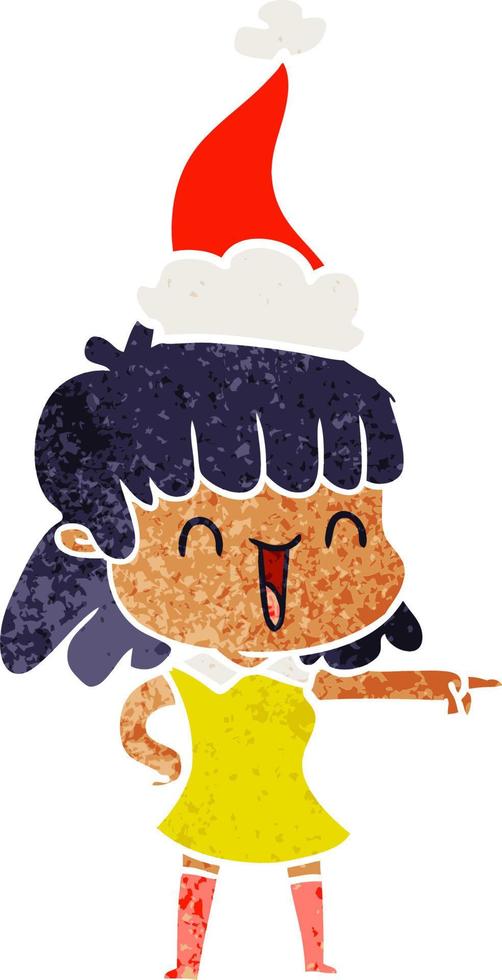 retro cartoon of a happy girl wearing santa hat vector