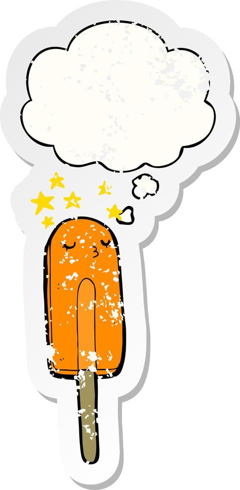 cartoon ice lolly and thought bubble as a distressed worn sticker vector