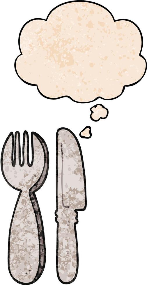 cartoon knife and fork and thought bubble in grunge texture pattern style vector