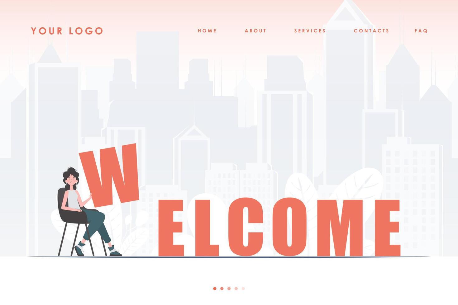 Welcome landing page. The girl sits and holds the letter W in her hands. The initial page for the site. Trendy flat style. Vector illustration.