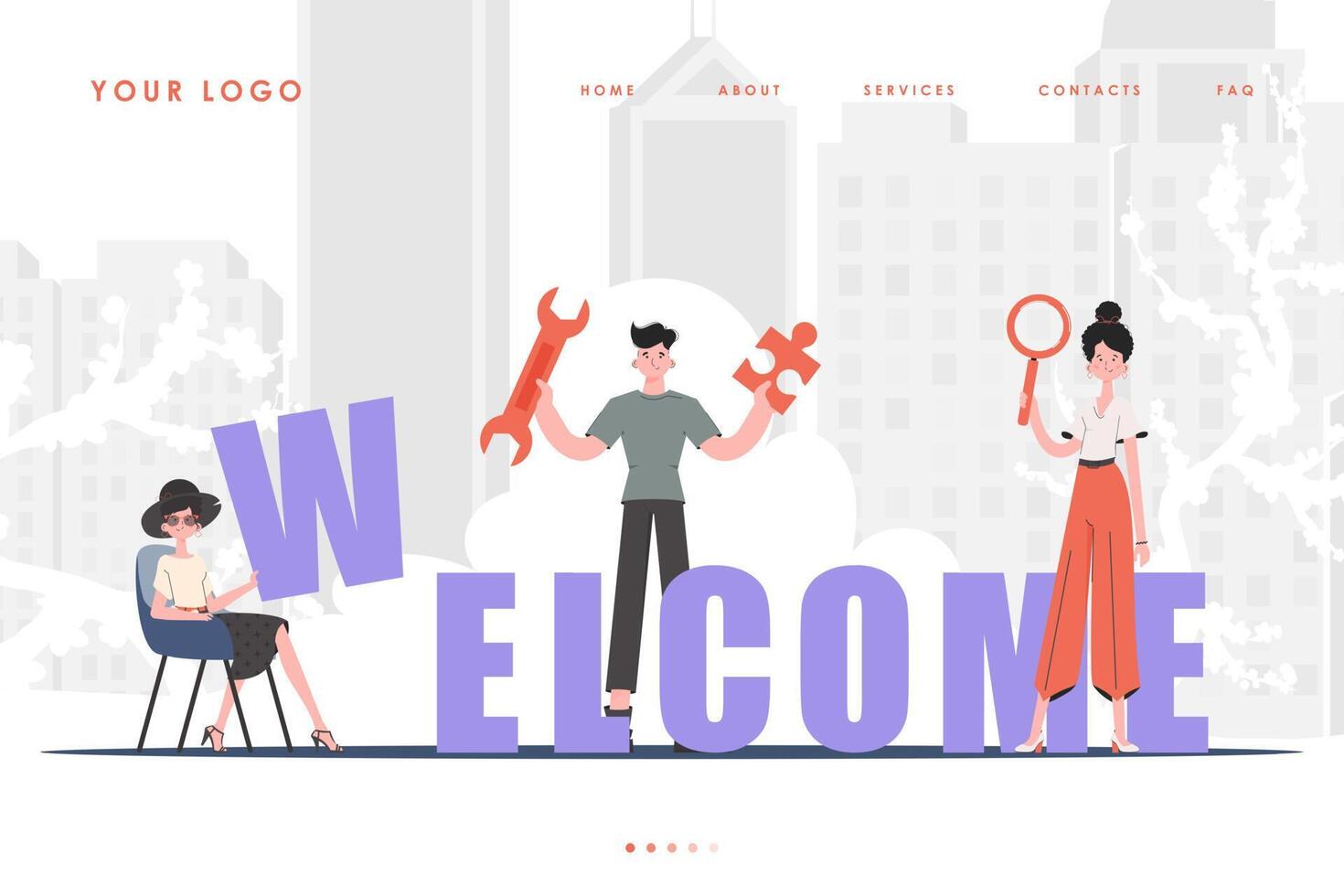 Welcome Landing Page Diverse Team of People Website Start Page. Trendy flat style. Previous illustration. vector