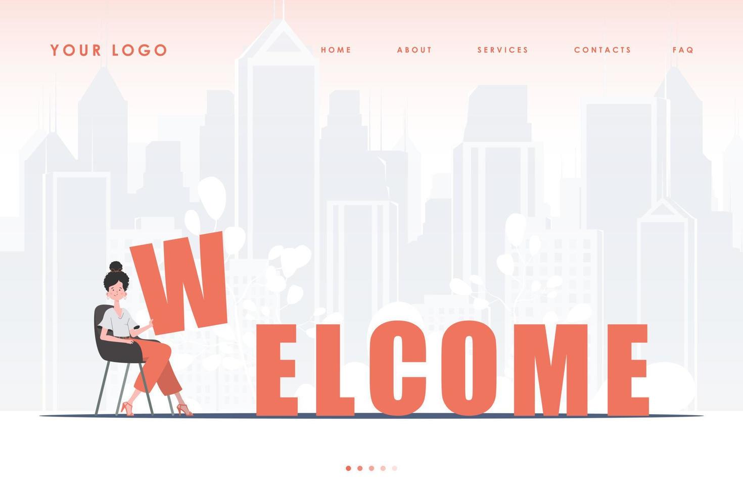 Welcome landing page. The girl sits and holds the letter W in her hands. The start page of the site. trendy style. Vector illustration.