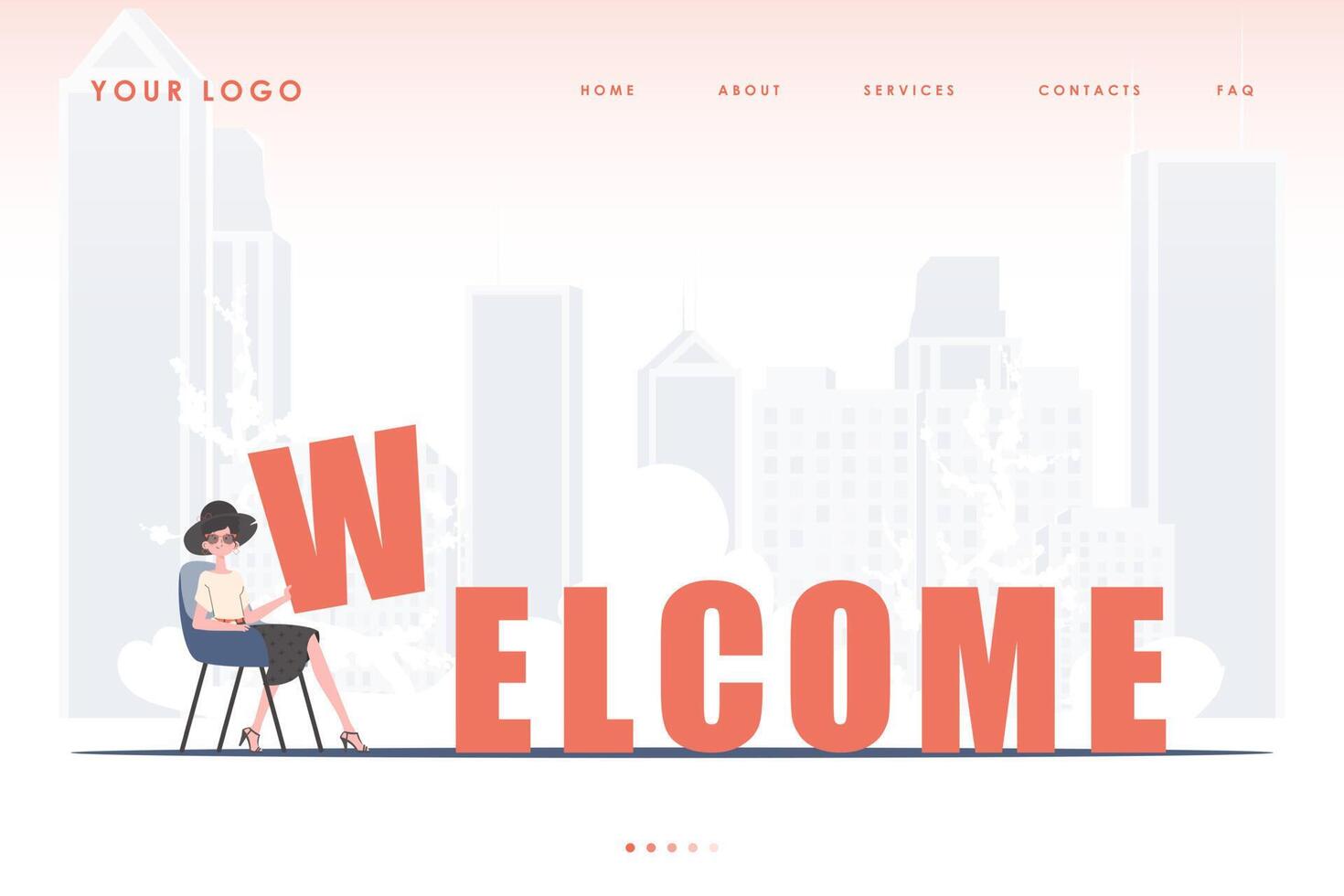 Welcome landing page. The girl sits and holds the letter W in her hands. The start page of the site. Trend style character. Vector illustration.