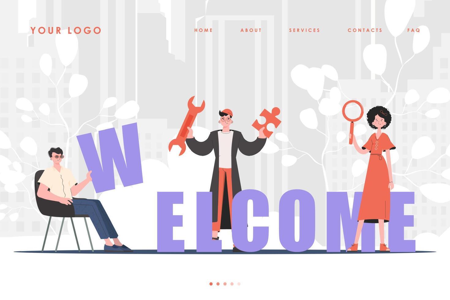 Welcome Landing Page Diverse Team of People Website Start Page. Cartoon character style. Previous illustration. vector