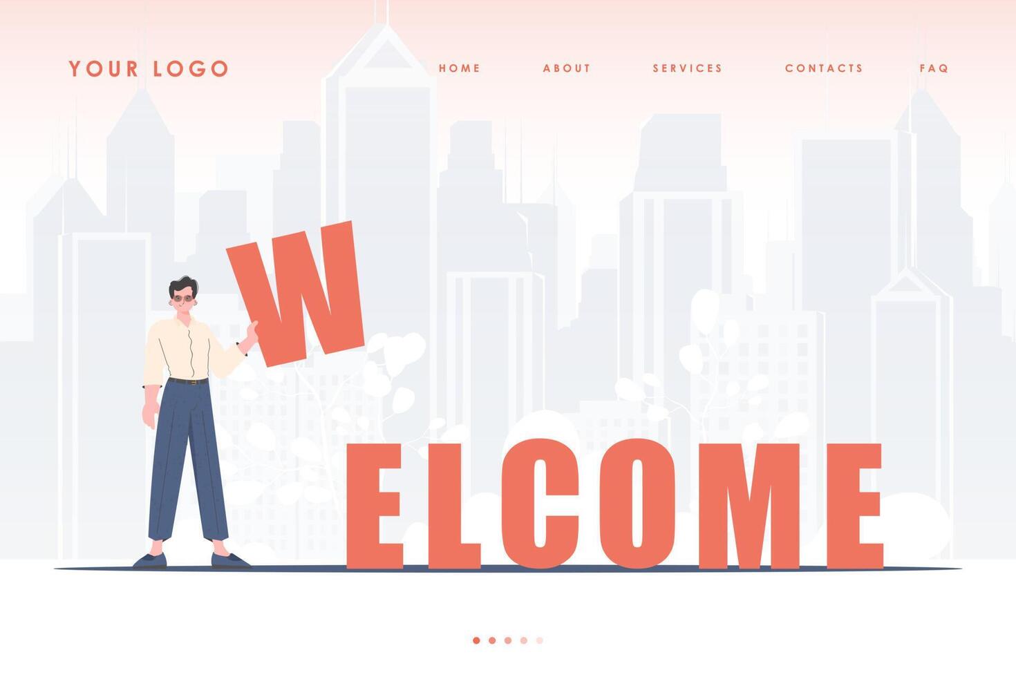 Welcome landing page. A man stands and holds the letter W in his hands. The initial page for the site. Trendy flat style. illustration. vector