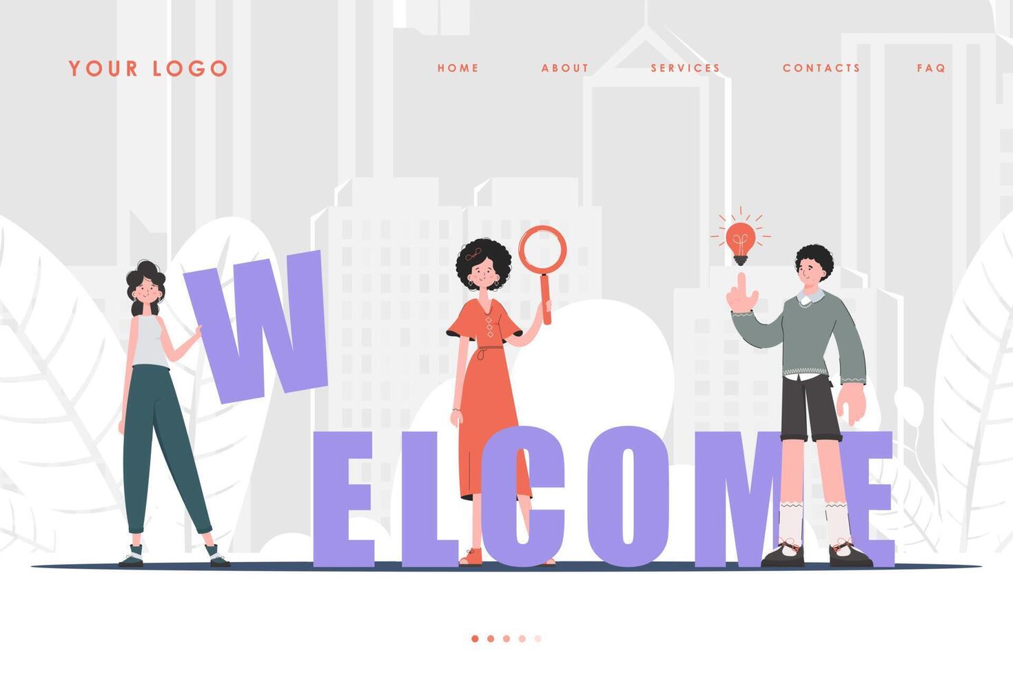 Welcome Landing Page Diverse Team of People Home page for your website. Trendy character style. Previous illustration. vector