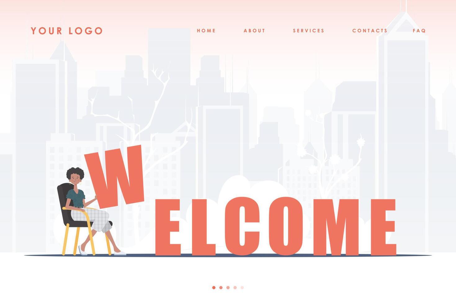 Welcome landing page. The girl sits and holds the letter W in her hands. The initial page for the site. Trendy cartoon character. illustration. vector