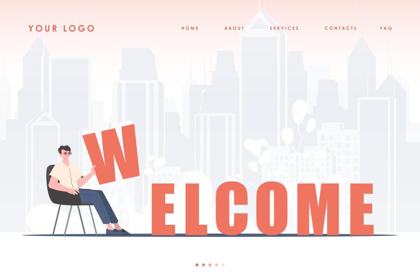 Welcome landing page. A man sits and holds the letter W in his hands. The start page of the site. Trendy cartoon character. Vector illustration.