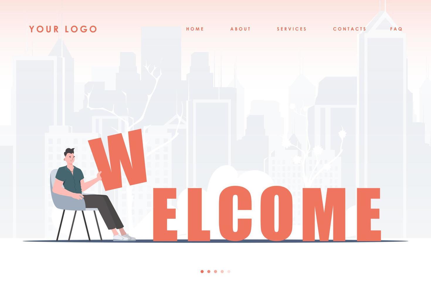 Welcome landing page. A man sits and holds the letter W in his hands. The initial page for the site. Trend style character. Vector illustration.
