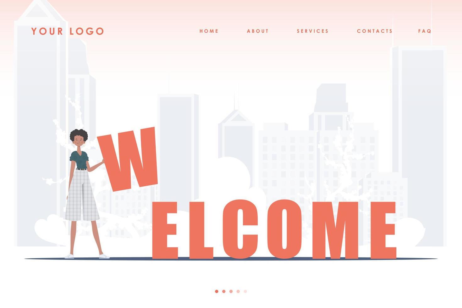 Welcome landing page. The girl stands and holds the letter W in her hands. The initial page for the site. Trendy cartoon character. Vector illustration.