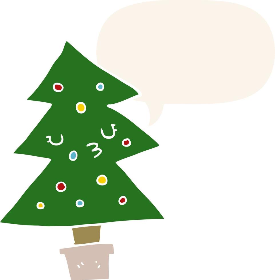 cartoon christmas tree and speech bubble in retro style vector