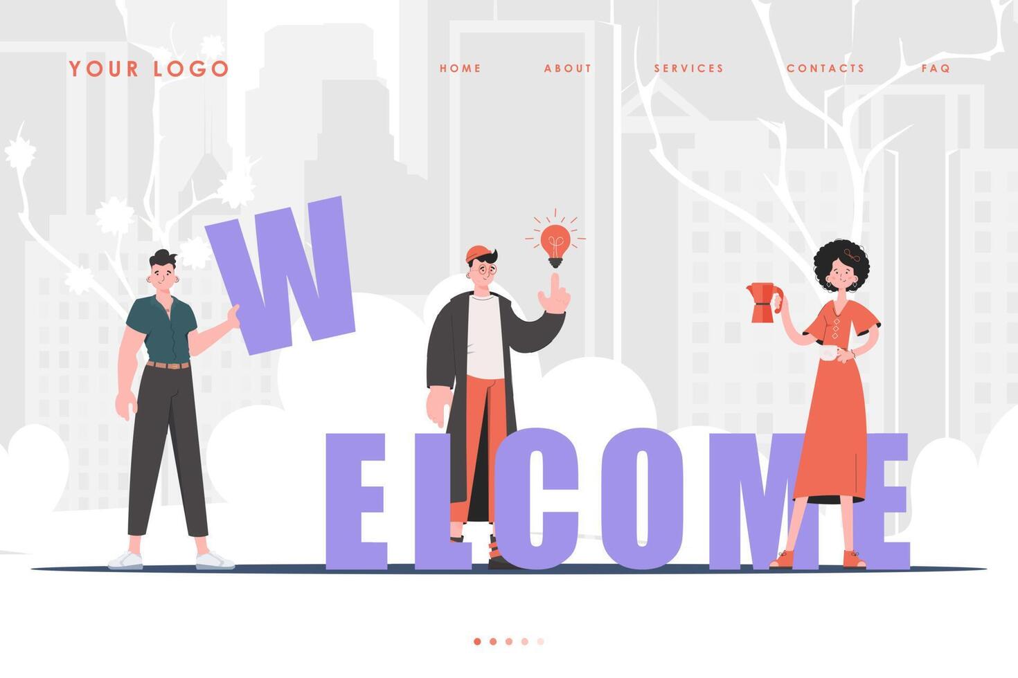 Welcome landing page diverse team of people Creative start page for website. trendy style. Previous illustration. vector