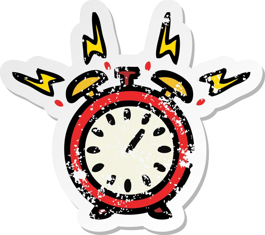 distressed sticker of a cute cartoon ringing alarm clock vector
