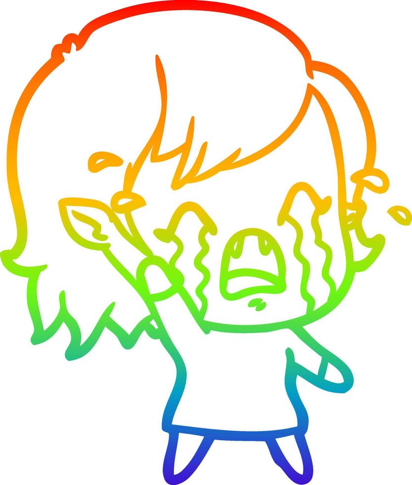 rainbow gradient line drawing cartoon crying vampire girl vector
