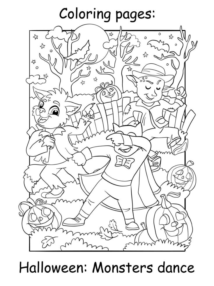 Coloring Halloween monsters dancing in the forest vector illustration