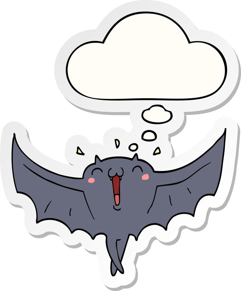 murciélago vampiro feliz de dibujos animados y burbuja de pensamiento como pegatina impresa vector