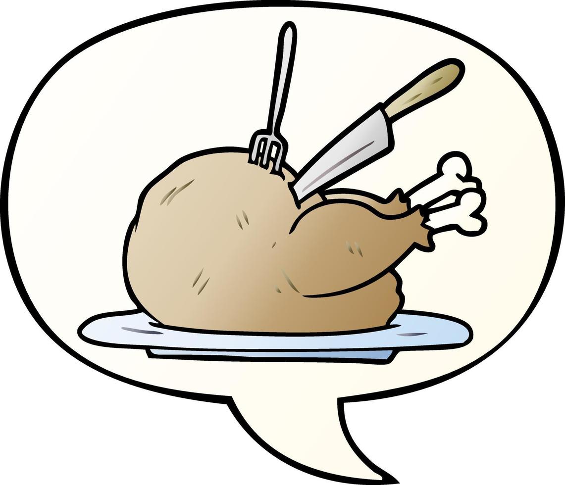 cartoon cooked turkey being carved and speech bubble in smooth gradient style vector