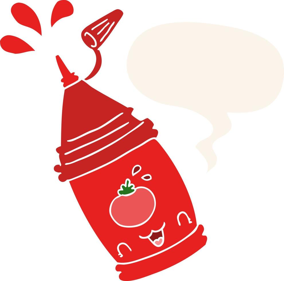 cartoon ketchup bottle and speech bubble in retro style vector